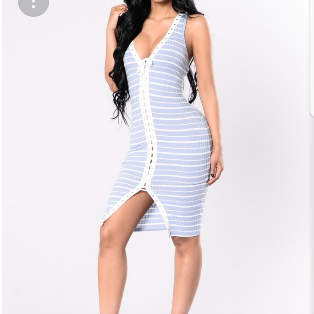 Lace up light  blue  striped dress